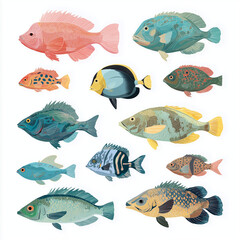 Naklejka premium Colorful Underwater Life: A vibrant collection of diverse fish, each with unique patterns and hues, gracefully swimming together, offering a glimpse into the underwater world. 