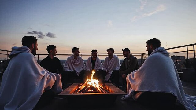 Group of men sitting around a rooftop bonfire, wrapped in blankets