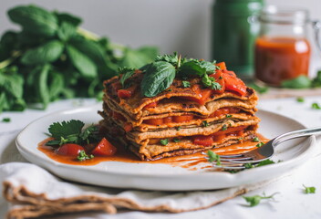 A layered lasagna sits on a white plate, garnished with fresh tomatoes and basil, with a rustic aesthetic. - Generative AI