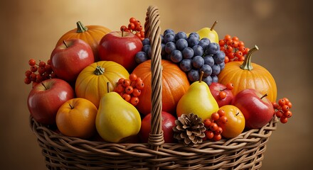 Autumn Harvest: A Bountiful Basket of Colorful Fruits and Pumpkins