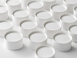 A grid of numerous pristine white cylindrical containers, uniformly arranged on a stark white background, suggesting a minimalist product display or packaging concept