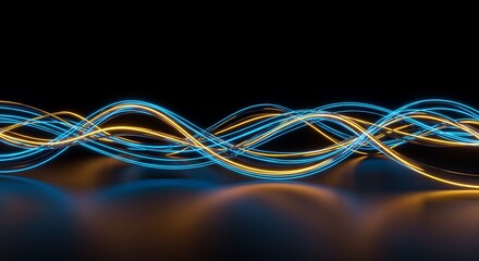 Abstract Neon Waveforms: Glowing Blue and Gold Curves
