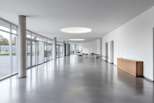Empty white wall in modern office interior with glass rooms and chairs, ideal for branding or poster mockup template in corporate building space