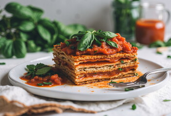 A slice of lasagna sits on a plate, topped with tomato sauce and basil, with a glass of sauce nearby. - Generative AI