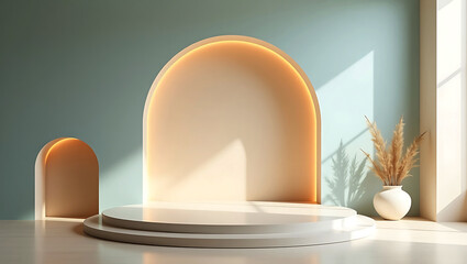 3d rendering geometric podium for product display with pink, light blue and yellow circle wall scene. Platforms mockup product display presentation. minimal design. Stage showcase.