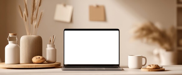 The modern workspace with a laptop, coffee, and cookies on a table