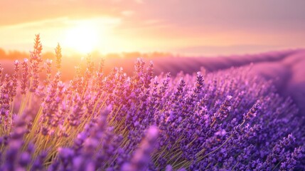 Naklejka premium Sunset Lavender Field, Provence, France; idyllic summer scene, nature background