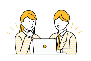 若手の女性社員にパソコンを使って仕事を教えるビジネスマンのイメージイラスト