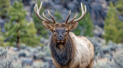 Fototapeta premium Majestic elk with large antlers standing in a natural forest landscape