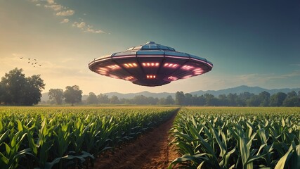 Ufo with glowing pink lights hovering over lush cornfield in golden hour light, alien visitation moment, World UFO Day