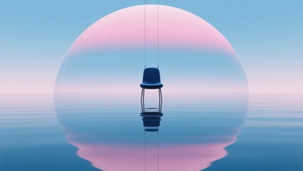 A solitary chair within a large transparent sphere floating on calm water under a clear sky