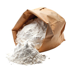 Open Paper Bag of Flour: An open brown paper bag spilling white flour, natural texture, PNG