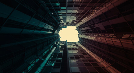 Symmetrical Architecture Impression with Contrasting Colors, View from the Bottom with Geometric Shapes and Reflections, Modern Urban Landscape