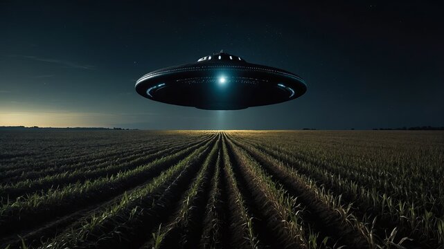 Ufo hovering over cornfield at night with soft light rays illuminating crops, mysterious agricultural encounter, World UFO Day