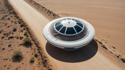 Futuristic white ufo with transparent dome parked on sandy roadside in desert landscape, clean sci-fi realism, World UFO Day