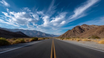 Empty Straight Road Stretching Through Vast Desert Landscape