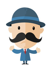 Cartoon Detective  or Gentleman  Character with Raised Hands  with Mustache and Bowler Hat  – Full Body Vector Illustration