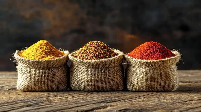 Colorful spices in burlap bags
