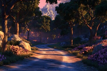 Fototapeta premium A serene forest path surrounded by trees and flowers at dusk.