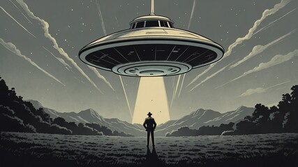 Stylized black and white illustration of man facing glowing ufo with beam in mountain valley under stars, retro alien encounter art, World UFO Day