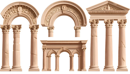 Naklejka premium Antique Architectural Structures Arch and Pillars Collection, Transparent Background