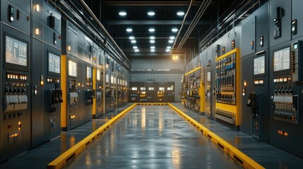 Fototapeta premium Industrial Control Room: Futuristic Interior with Illuminated Panels and Sleek Design