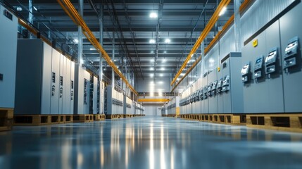 Naklejka premium Industrial Interior: Rows of Modern Electrical Panels in a Clean Facility