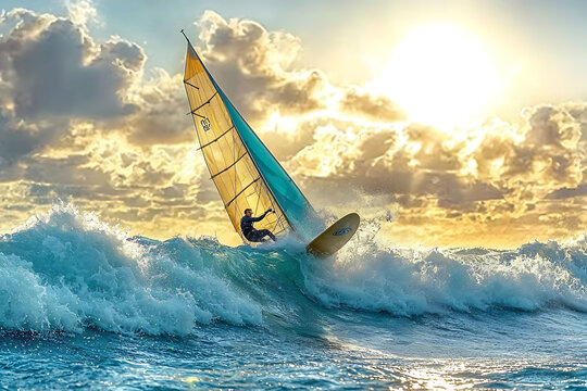 Dynamic windsurfer carving through a powerful ocean wave at sunset.