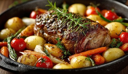 Succulent roast beef with assorted vegetables.