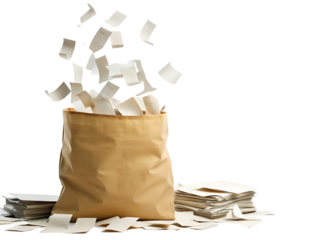 papers falling from hole in the bag  isolated on white background  PNG