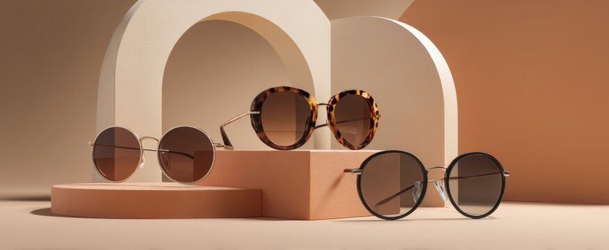 The elegant display of fashionable sunglasses on a minimalist background.