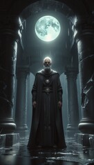 enigmatic figure standing under a luminous full moon within ancient archway at night