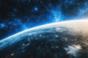 Earth seen from space, vibrant colours, city lights