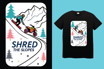 Downhill Snowboarder Racing in Winter Forest – Graphic Tee Design, Freestyle Snowboarding Vector – Snowy Mountain Sport Artwork, Cool Snowboarder in Winter Landscape – Sporty T-Shirt Illustration.