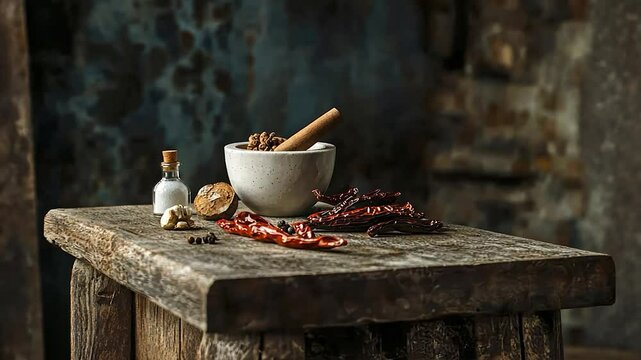 Rustic spice preparation on weathered table