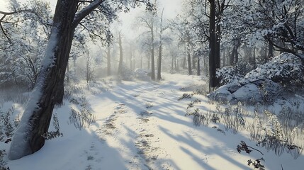 A serene winter landscape with snow-covered ground and trees casting long shadows.