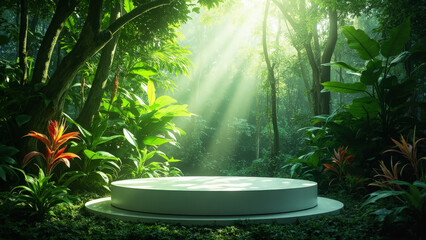 Lush forest podium display with sunlight and tropical plants for product presentation and advertising