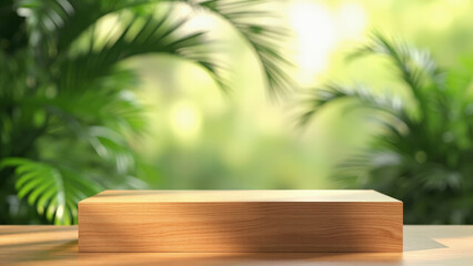 Fototapeta premium Wooden product display platform with palm leaves in background perfect for product showcase