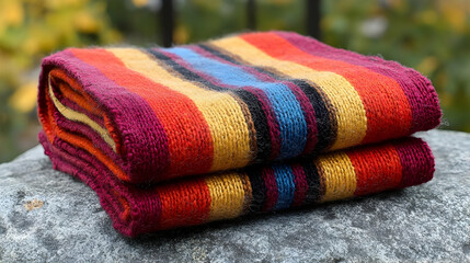 Fototapeta premium Striking colorful knitted fabric with warm tones on a rough rock surface
