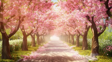 Spring road wallpaper - pink cherry blossom trees in left and right of road in park
