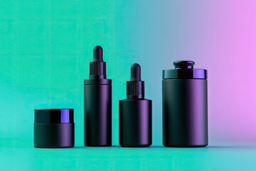 Four sleek, matte-black cosmetic containers, varying in size and shape, are arranged against a vibrant teal and purple gradient background.  The containers feature dark metallic accents