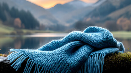 Warm woolen blanket in a misty mountain landscape, evoking a sense of peace