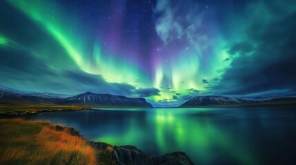 Naklejka premium Iceland Aurora Borealis Night Sky Reflection Landscape