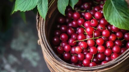 Red Currants in Rustic Wooden Bowl, Close Up, Summer Berries