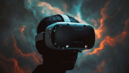Futuristic virtual reality headset immersed in a cosmic nebula environment