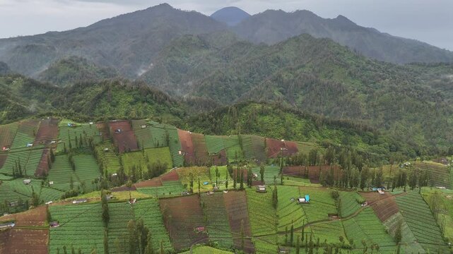 Aerial drone view of rural hills mountains countryside in east java indonesia