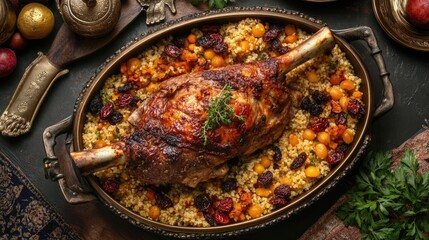 Roasted Leg of Lamb with Couscous and Dried Fruits in Antique Dish