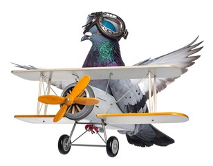 Pigeon wearing aviator goggles perched on a miniature biplane against white background. Airplane propeller ready for flight. Quirky whimsical concept