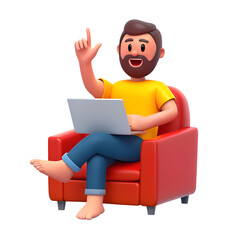 Happy cartoon character man yellow t-shirt seated lotus pose with laptop at red armchair rejoicing raising his hands over white background. 3d render illustration.