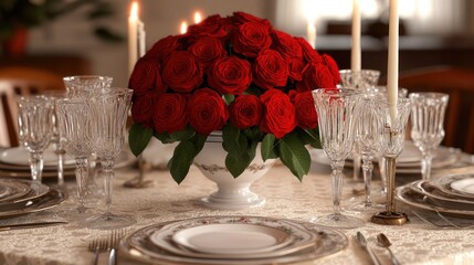Romantic Dinner Table Setting with Red Roses and Crystal Glasses